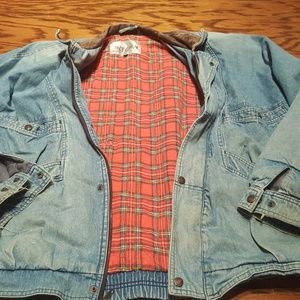 Vintage denim jacket, leather collar, flanel lined